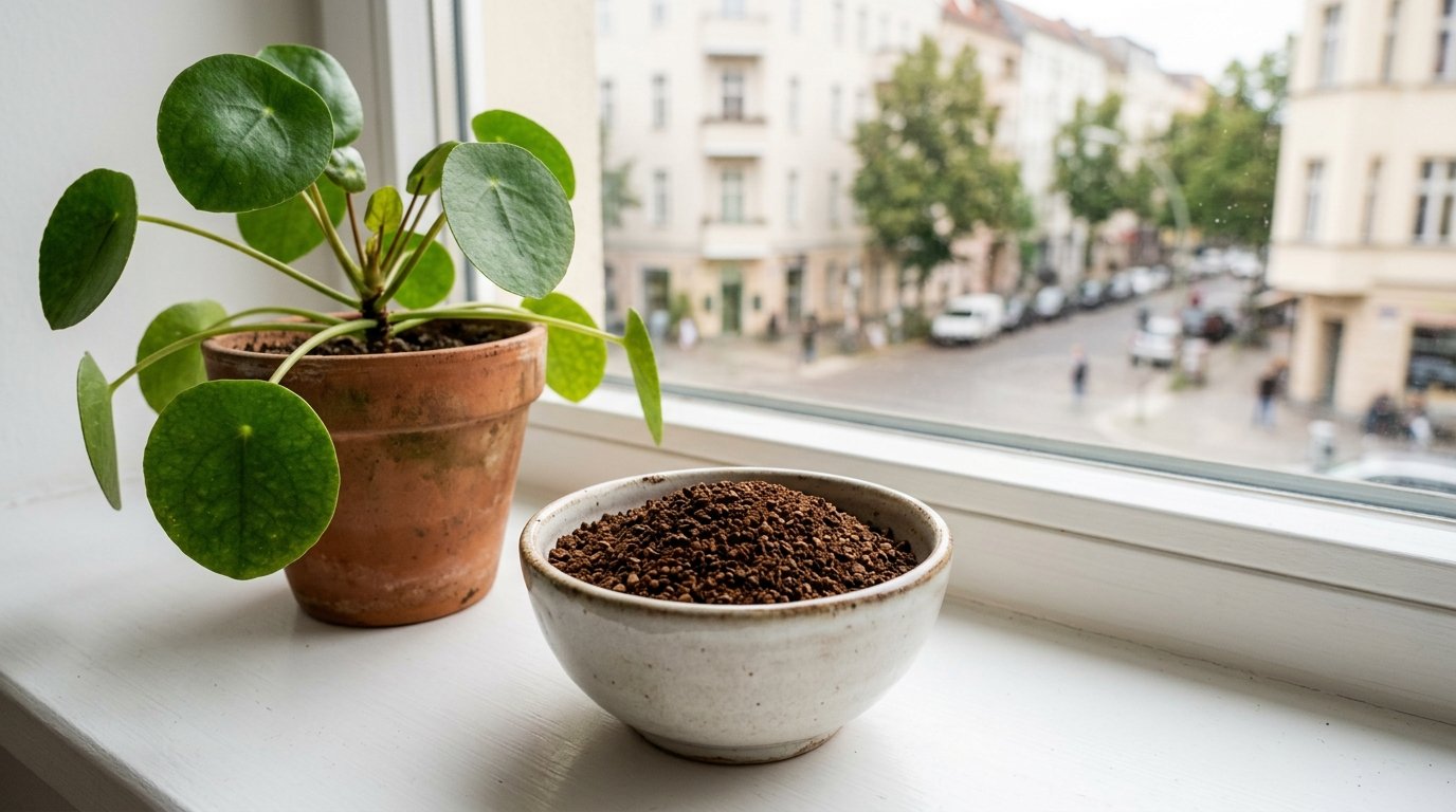 entdecken Sie, wie getrockneter Kaffeesatz auf Ihrer Fensterbank Insekten wirksam abwehrt und gleichzeitig kostenlos Ihre Pflanzen nährt