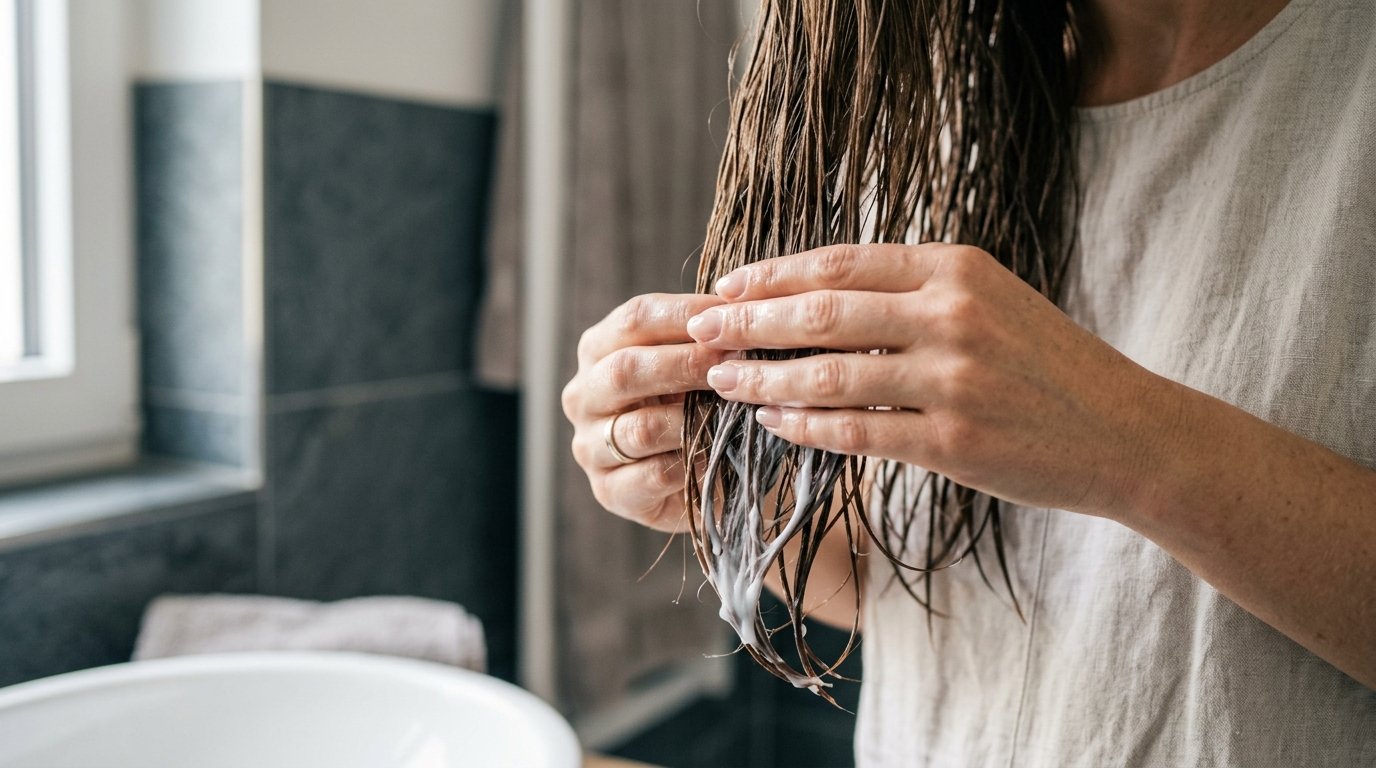 entdecken Sie, wie die richtige Waschreihenfolge Haarausfall reduziert – Conditioner vor Shampoo ist das trichologische Geheimnis für kräftiges Haar