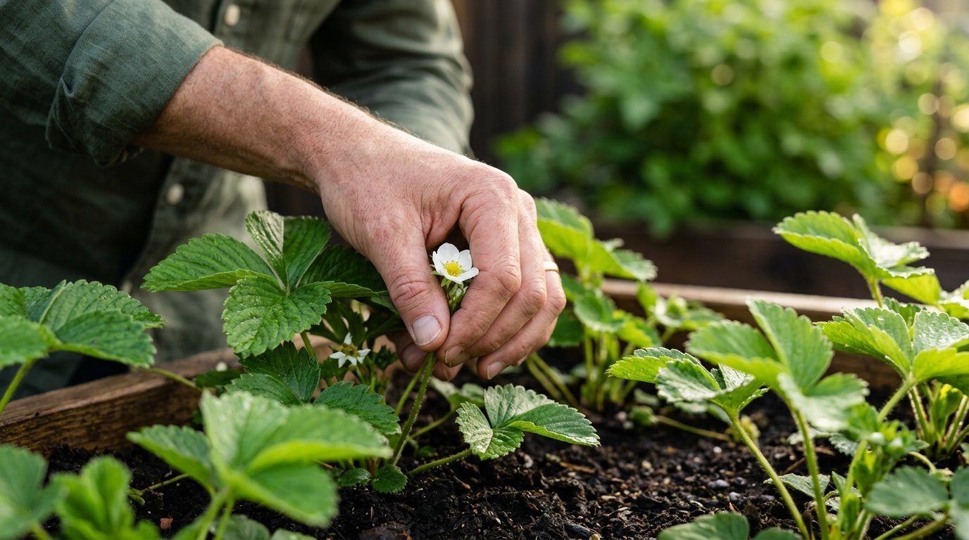 entfernen Sie die ersten Blüten von Erdbeerpflanzen im ersten Jahr für eine reichere Ernte und stärkeres Wurzelwachstum