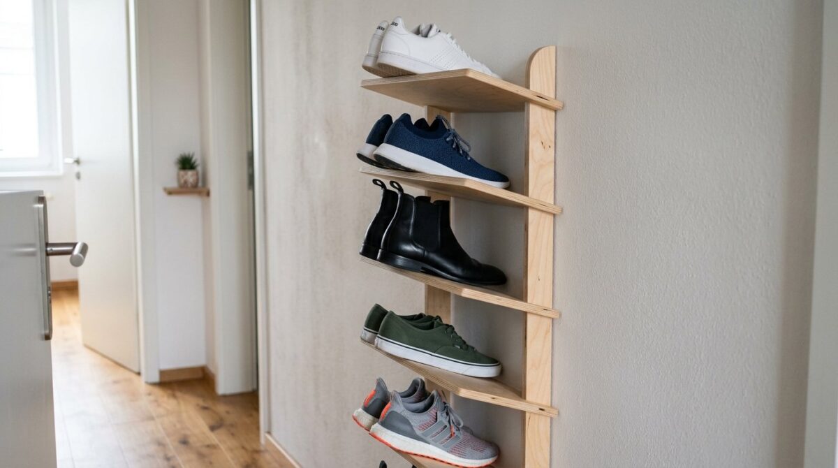 entdecken Sie, wie Sie mit diesem genialen DIY-Trick einen winzigen Flur in ein ultra-kompaktes Schuhrack verwandeln - stilvolle Schuhaufbewahrung unter 30 Euro