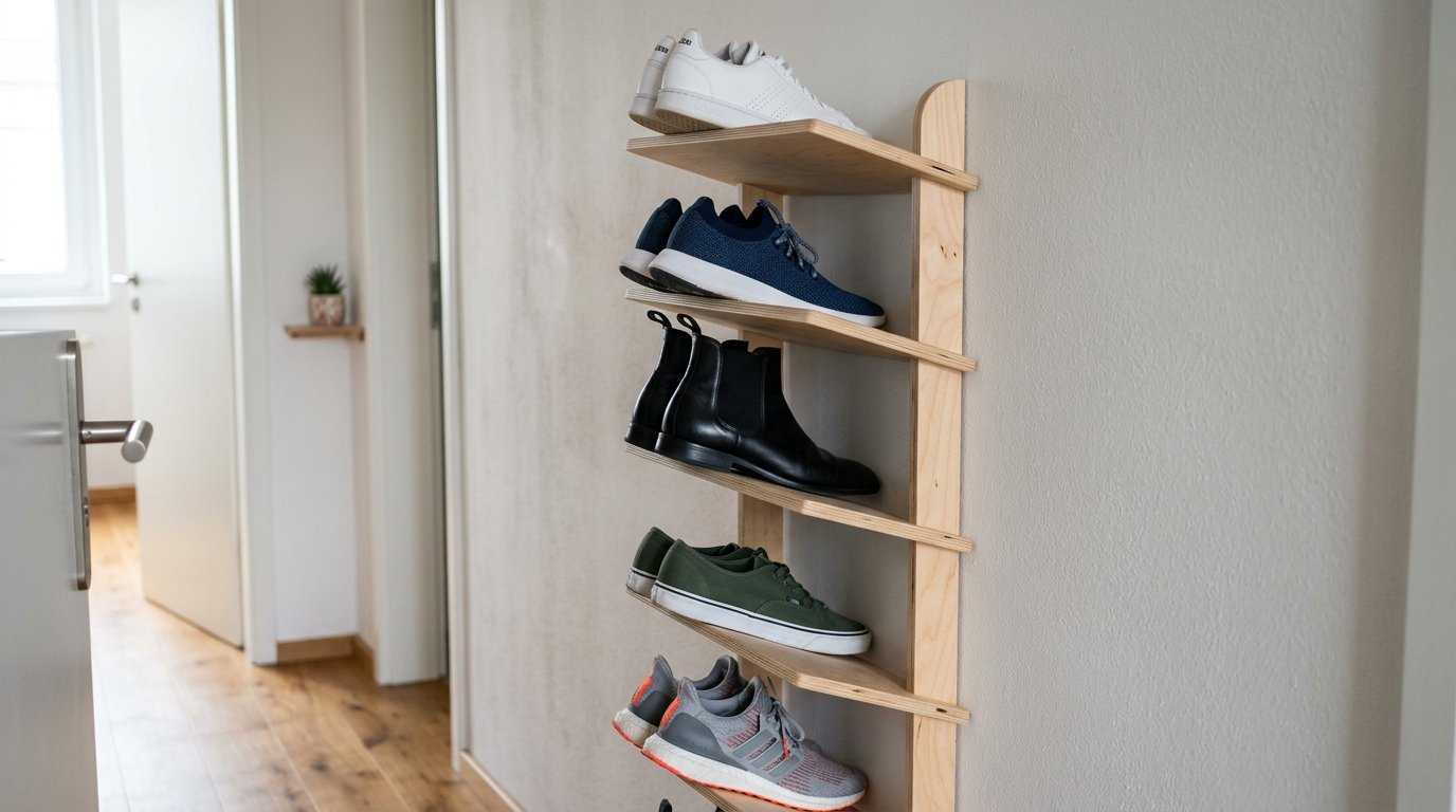 entdecken Sie, wie Sie mit diesem genialen DIY-Trick einen winzigen Flur in ein ultra-kompaktes Schuhrack verwandeln - stilvolle Schuhaufbewahrung unter 30 Euro