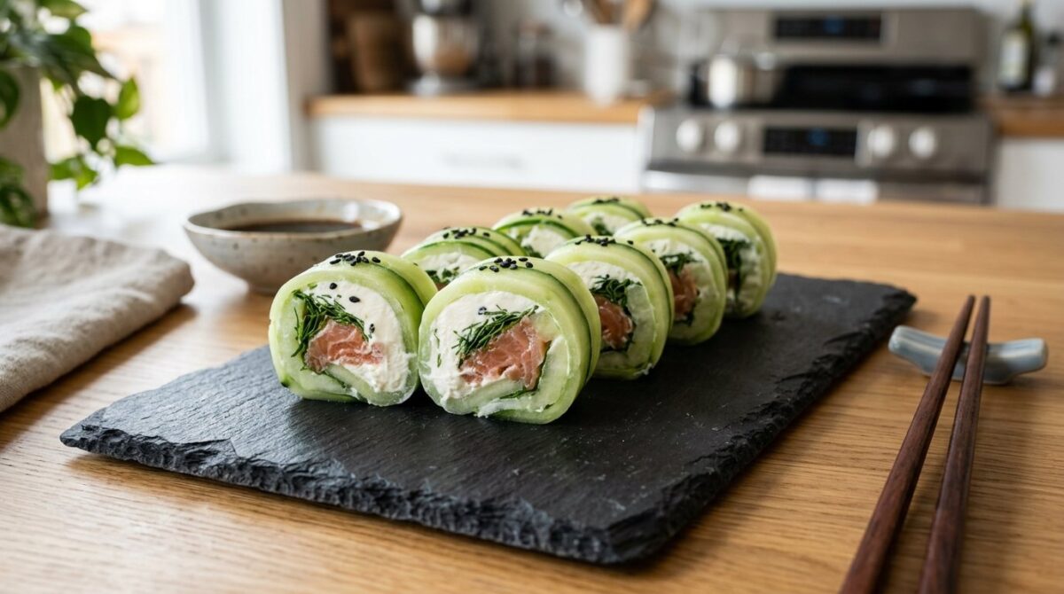 entdecken Sie, wie Gurken gesunde Express-Makis für Ihren Aperitif ersetzen und Ihre Gäste begeistern mit diesem kalorienarmen Gemüse-Trick