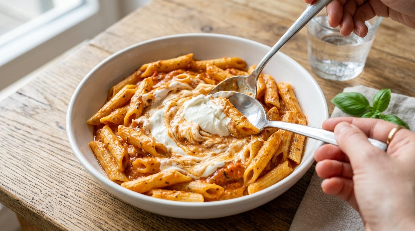 entdecken Sie Julies einfaches Nudel-Rezept mit 5 Zutaten, das Kinder lieben - mit dem cremigen Geheimnis aus dem Kühlschrank