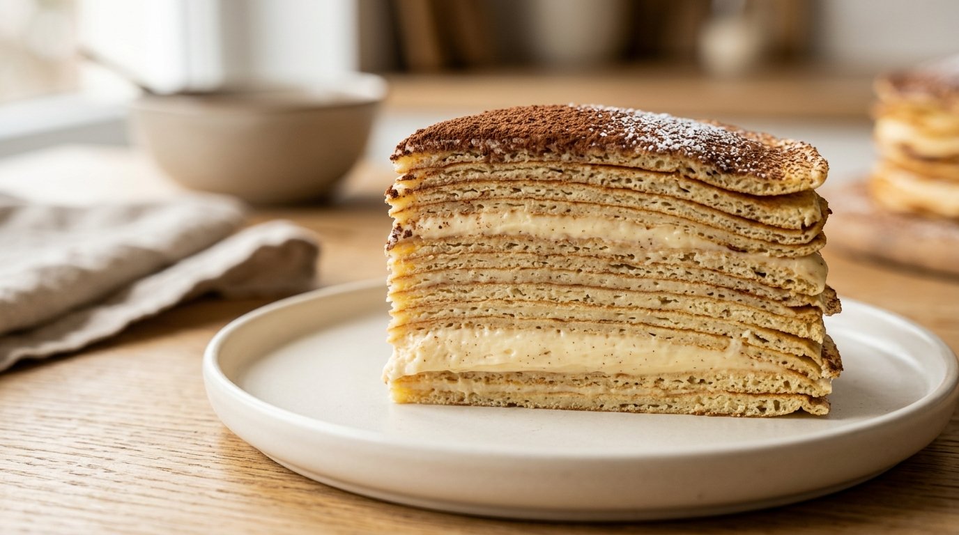 entdecken Sie den Kuchen Courchevel, einen legendären Pfannkuchen-Turm aus den 1950er Jahren mit cremiger Füllung und faszinierenden Nachkriegs-Details