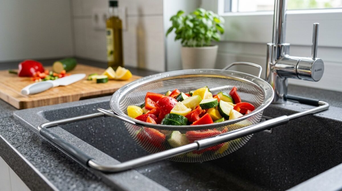 entdecken Sie, wie ein ausziehbares Spülbeckensieb Ihre Küchenhygiene verbessert und sicheres Abgießen von Nudelwasser garantiert