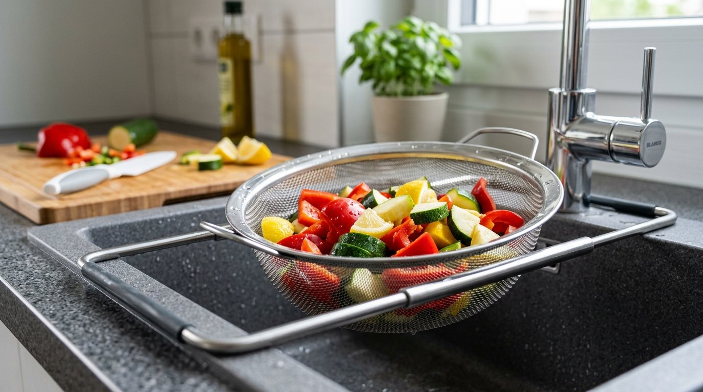 entdecken Sie, wie ein ausziehbares Spülbeckensieb Ihre Küchenhygiene verbessert und sicheres Abgießen von Nudelwasser garantiert