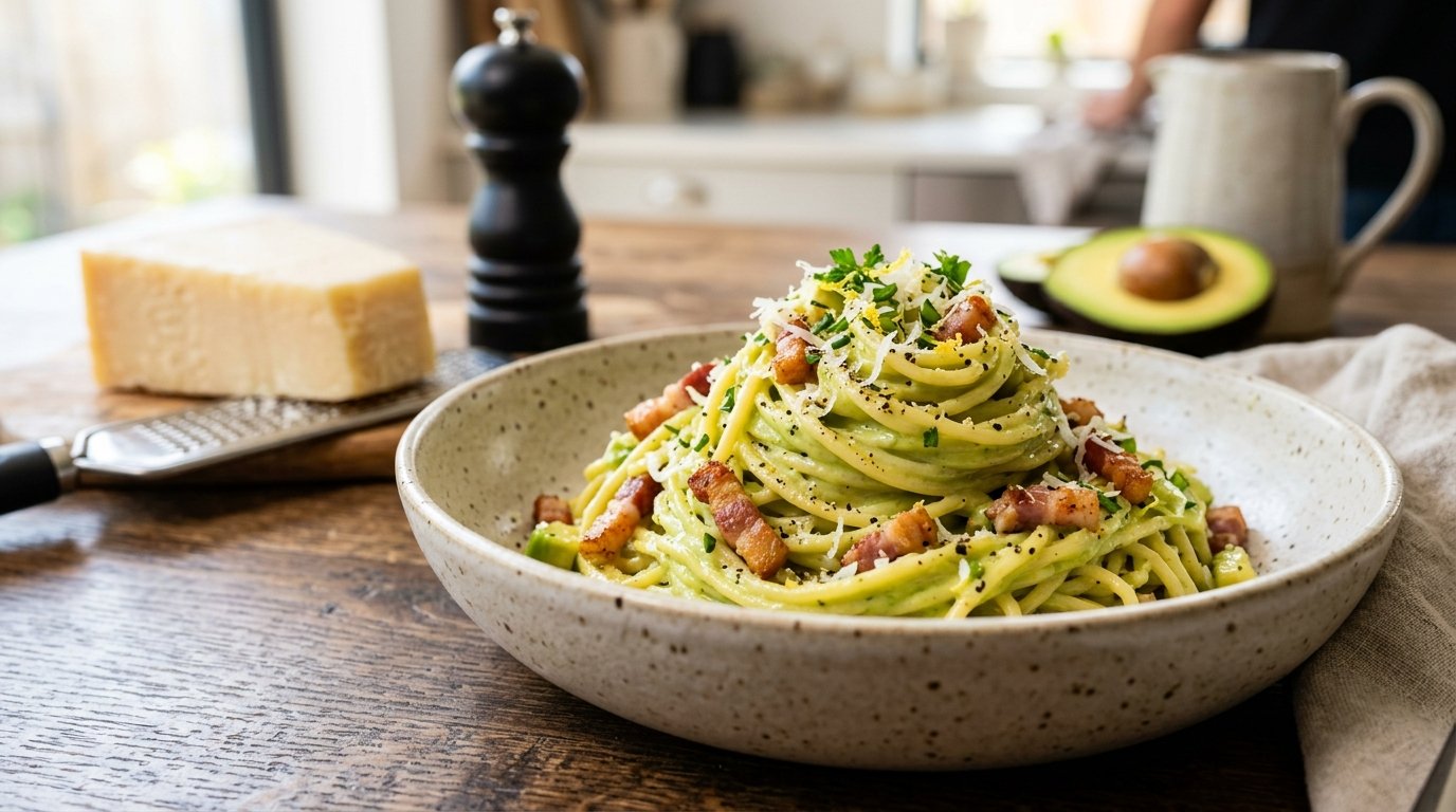 entdecken Sie die grüne Frucht, die cremige Pasta-Carbonara ohne Sahne und Butter ermöglicht und Social Media erobert