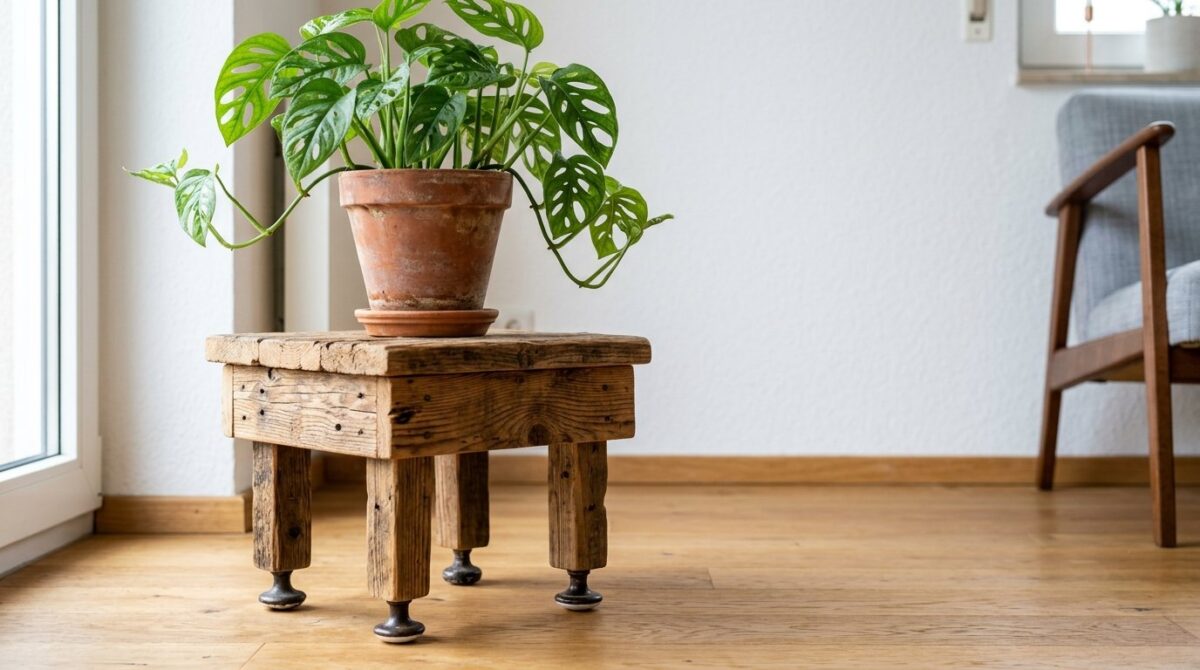 entdecken Sie, wie ein rustikaler Pflanzenständer aus Altholz Ihre Zimmerpflanzen optimal inszeniert und die Raumgestaltung in nur 30 Minuten transformiert